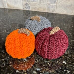 Handmade Knit Pumpkins in Orange, Gray, and Burgundy